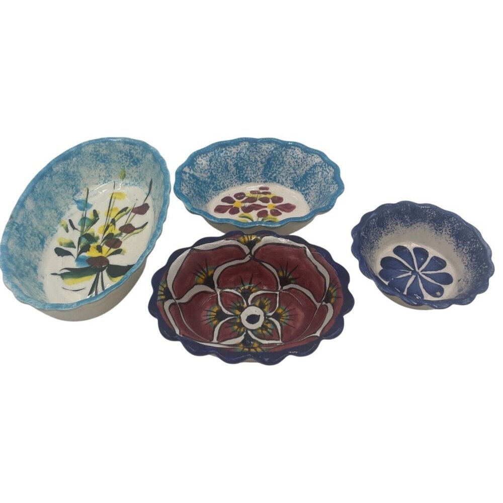Handpainted Scalloped Ceramic Bowls  Set Of 4  Floral & Abstract Patterns  Multi